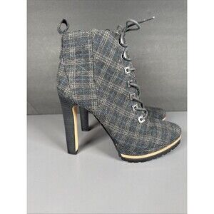 Gianni Bini Tosti Plaid‎ Fabric Platform Lace up Gray Boot Heel Booties Size 9 M